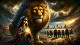 Laila se tient auprès du Lion Gardien, faisant face à des créatures ombreuses sous un ciel orageux près de son village.