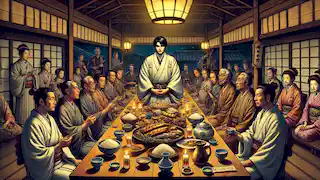 El Nurarihyon come con tranquilidad en un gran banquete mientras los aldeanos sostienen amuletos sagrados, con el sacerdote observando nerviosamente.