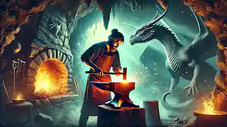 Ein Schmied, der in einer mystischen Höhle ein glühendes Schwert schmiedet, während ein Drache über ihn wacht.