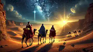 Tres Reyes Magos viajando a través del desierto bajo la luz orientadora de la Estrella de Belén.
