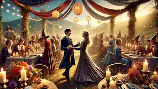 Una escena de boda mágica con una pareja joven bailando, rodeada de invitados vestidos con coloridos trajes de magos.