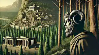 Un sátiro observa con preocupación cómo una antigua ciudad griega se expande hacia el bosque, mientras los árboles son talados.