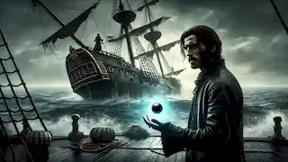 Ezra se encuentra en el hundiéndose Queen Anne's Revenge, sosteniendo la perla negra resplandeciente mientras el fantasma de Barbanegra se desvanece en la niebla.