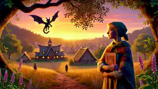 Lila regresa a su aldea al atardecer, con un Pukwudgie vigilándola desde los árboles.