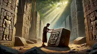 Cuauhtémoc inspecciona un gran bloque de piedra caliza en una sagrada cantera mesoamericana, rodeado de imponentes muros de piedra.