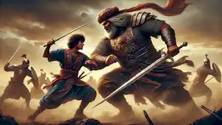 Rostam y Sohrab en una feroz batalla en un polvoriento campo de combate, sin ser conscientes de su parentesco.