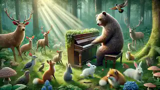 El oso toca el piano para los animales del bosque que se han reunido en un claro tranquilo.