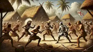 Guerreros caribes enfrentándose a colonos europeos en una isla del Caribe, luchando con lanzas y flechas.