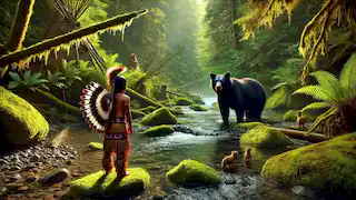 Un oso negro se encuentra en un río poco profundo mientras un joven niño nativo americano lo observa desde la orilla.