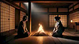 Minokichi y Oyuki se sientan junto a una chimenea tenue; el rostro de Oyuki es pálido y triste mientras comparten una conversación tensa.