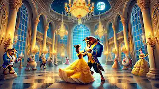 Bella y la Bestia bailan en el gran salón, mientras los objetos encantados observan y las candelabros brillan sobre ellos.