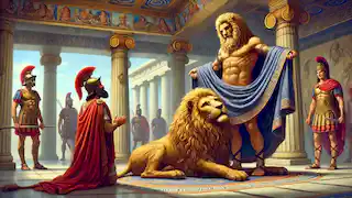 Heracles presentando la piel del león de Nemea al rey Euristeo.