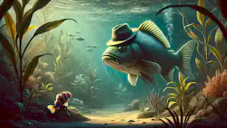 Un pez grande, ahora con el sombrero puesto, nada alejándose mientras el pez pequeño lo observa.