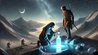 Shirin y Arash recolectan agua sagrada de un manantial resplandeciente en la cima de una montaña, bajo un cielo estrellado, llenos de esperanza.