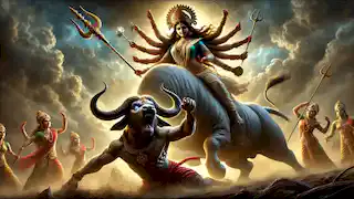 Durga au combat contre Mahishasura sous sa forme de buffle, bloquant son attaque avec son trident alors que des étincelles jaillissent.