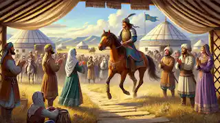 Alpamysh regresa a casa victorioso, recibido por su esposa Barchin y los alegres aldeanos tras la batalla.