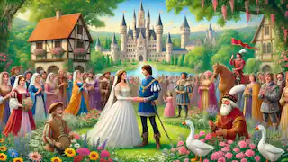 La princesa Gisela y el príncipe en un grandioso jardín celebrando su matrimonio.