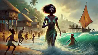 Adisa regresa a la playa de su aldea, con su madre corriendo hacia ella, mientras el pueblo al fondo está lleno de actividad.