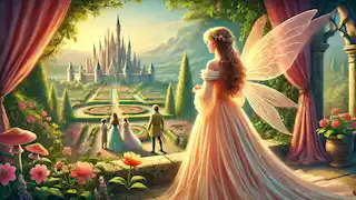 Une douce fée surplombant le château depuis un jardin, avec Aurora, Philippe et leurs enfants en arrière-plan.