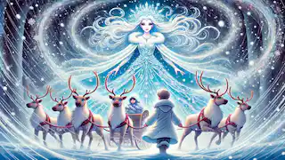 Kai encontra a Rainha da Neve durante uma tempestade de neve, fascinado por sua beleza gelada.