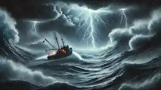 Ein kleines Fischerboot, das in einem Sturm im Bermuda-Dreieck gefangen ist, kämpft gegen massive Wellen unter einem dunklen Himmel mit Blitzen.