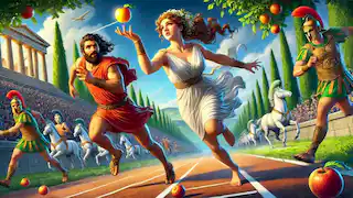 Hipómenes lanza la última manzana dorada, y Atalanta se desvía de la pista para recogerla.
