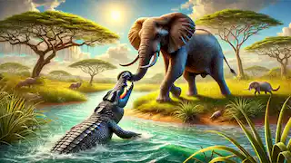El elefante está sacando al cocodrilo del agua en un vibrante escenario de la sabana africana.