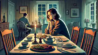 María se sienta en una mesa de cena débilmente iluminada con una expresión triste, esperando a Juan, quien nunca corresponde a sus sentimientos.