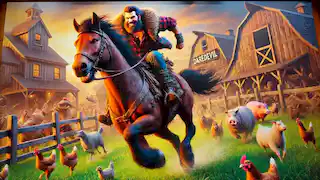 Brom Bones, un hombre robusto con una sonrisa traviesa, montando su caballo.