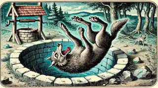 El lobo, cargado de piedras, cae en un pozo y se ahoga, poniendo fin a su amenaza para la aldea.