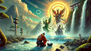 Izanagi realiza un ritual de purificación junto al río, y del agua emergen tres deidades: Amaterasu, Tsukuyomi y Susanoo.