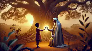 Naledi coloca suavemente la mano de Thandi sobre la corteza resplandeciente del árbol mágico, transmitiendo la magia mientras el sol se pone.