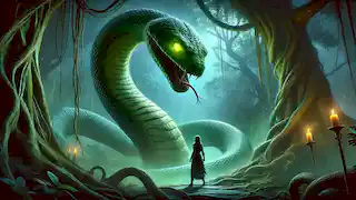Aletheia se enfrenta a la antigua serpiente de escamas esmeralda en el corazón del oscuro Bosque de las Sombras.