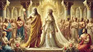Zeus y Hera están casados en medio de una celebración con otros dioses, rodeados de flores y del dorado palacio del Olimpo.