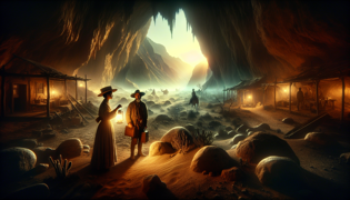 A guide and traveler exploring a bioluminescent cave with ancient carvings and gentle light.