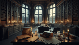 Un estudio secreto en una antigua mansión, con cristales de sal y libros vintage que reflejan una luz fantasmal.