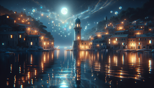 Restos de un antiguo faro que brillan bajo la luz de la luna mientras luces misteriosas pulsan en su interior.