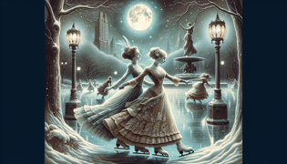 Dos figuras espectrales patinando bajo la luz de la luna en el lago helado de Central Park.