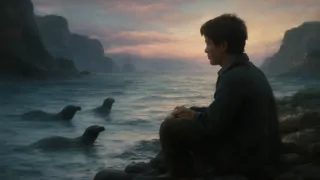 A boy sits on a rocky shore surrounded by seals at twilight, with a silver mist rising from the waves.