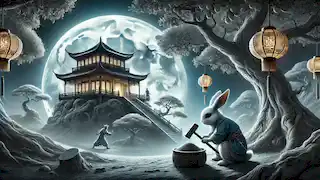 Chang'e en la luna, con el conejo de jade y el leñador cerca, rodeada por la fría luz de su palacio.