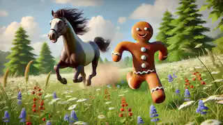 El hombre de jengibre corre velozmente a través de un prado, mientras un rápido caballo lo persigue, levantando polvo.