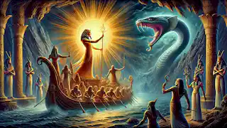 La barca solar de Ra navega a través del inframundo, luchando contra la serpiente Apep en aguas oscuras.