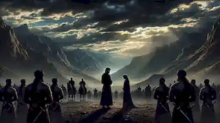 Siyâvash se enfrenta a su destino en las montañas, rodeado de soldados, mientras Farangis se encuentra a lo lejos bajo nubes oscuras.