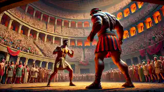 Melankomas se enfrenta a su oponente en el Coliseo Romano.