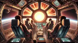 Dentro de una nave espacial, cuatro amigos se preparan para el reingreso mientras el resplandor ígneo de la atmósfera terrestre ilumina las ventanas de la cabina.