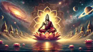 Brahma en profunda meditación, con un loto radiante floreciendo desde su ombligo en un paisaje cósmico.