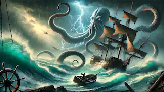 Los tentáculos del Kraken envuelven un barco durante una violenta tormenta en el Atlántico Norte.