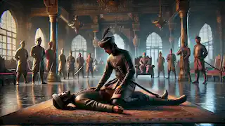 Hang Tuah arrodillado junto al cuerpo sin vida de Hang Jebat en el palacio del sultán, sosteniendo su kris con tristeza.
