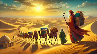 Daryush se une a una caravana en el desierto de Dasht-e Kavir, caminando junto a camellos y un comerciante bajo el ardiente sol.