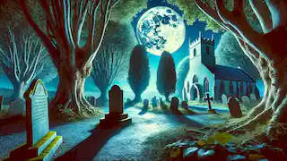 Un cementerio aislado con una lápida bajo la luz de la luna llena.